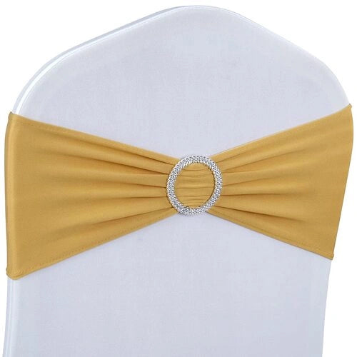 Chair with a gold sash and decorative ring on a white background