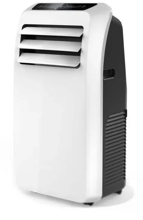 Portable air conditioner with white and black design on a white background